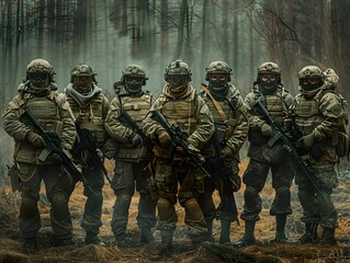 Soldiers in tactical gear posing together in a misty forest environment during a military training exercise