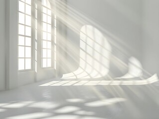 Obraz premium Sunlight streams through large windows, creating soft shadows on a minimalist white space during the late morning