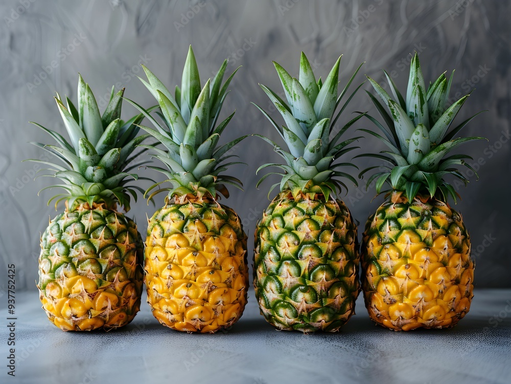 Poster fresh pineapples arranged in a row against a textured backdrop in a well-lit kitchen setting during 