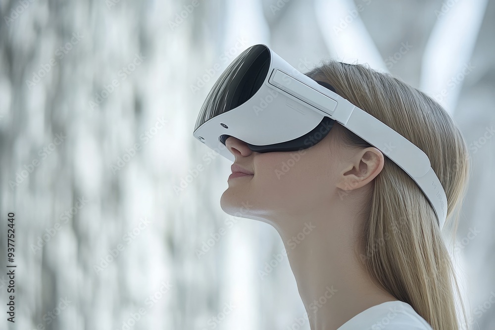 Poster portrait of a woman in a serene minimalist digital environment wearing a sleek vr headset symbolizin