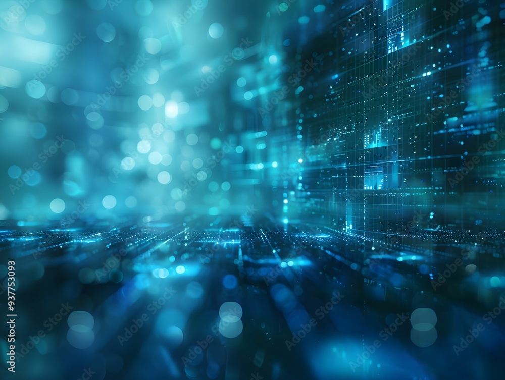 Poster abstract digital landscape with glowing particles and data streams in blue tones