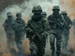 Fototapeta premium Military personnel advance through smoke during a tactical training exercise in a forested location