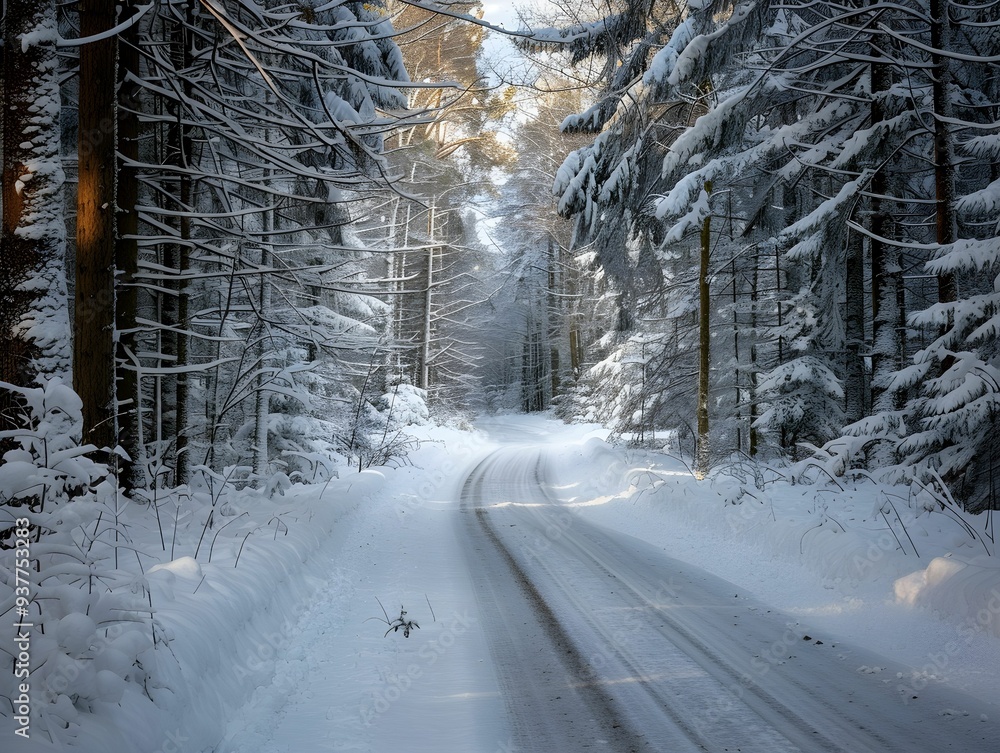 Poster a winding snow-covered path through a quiet forest with tall trees under a soft winter light during 