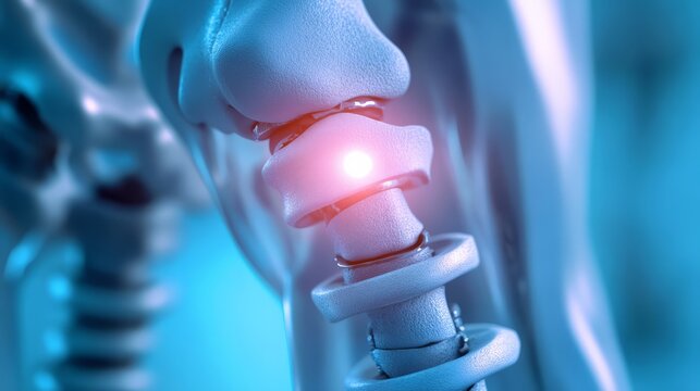 A detailed medical illustration highlighting a spinal subluxation, with a glowing red area indicating inflammation or pain.  Ideal for chiropractic, medical.