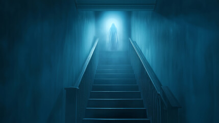 Obraz premium Ghostly figure at the top of a dimly lit staircase, evoking a sense of dread and suspense