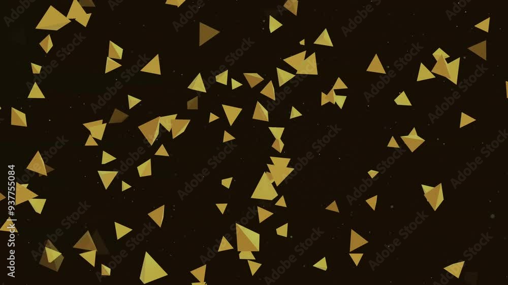 Poster dynamic orange triangles floating against a dark background in 2023