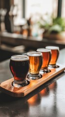 Four glasses full of craft beer are resting on a wooden tray, creating the perfect beer tasting flight. The image evokes a warm and inviting atmosphere