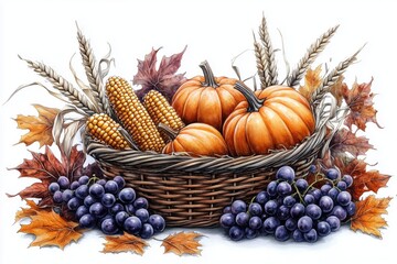 Thanksgiving cornucopia watercolor. Poster, banner, greeting card. Vector illustration. Holiday greeting card collection. Food illustration