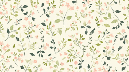 Seamless Pattern of Delicate Pink Flowers and Green Foliage on Cream Background for Fabric or Wallpaper Design