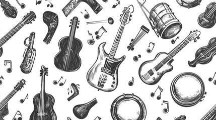 Hand-Drawn Musical Instruments Seamless Pattern, Black and White Vintage Music Illustration