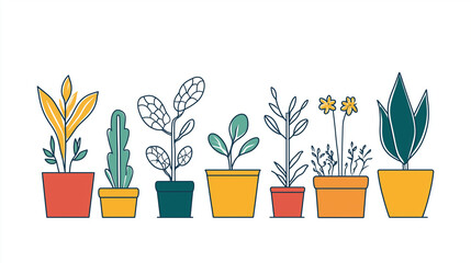Colorful Minimalist Illustration of Various Potted Plants in Modern Containers on White Background