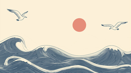 Minimalist Ocean Waves and Seagulls Under Sun, Japanese-Inspired Nautical Artwork