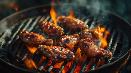 Grilled chicken wings cooking over an open flame during a summer barbecue at dusk with vibrant flames and smoke rising