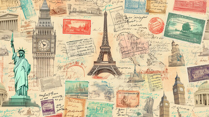 Vintage Travel Collage with Iconic Landmarks, Postcards, and Stamps from Around the World