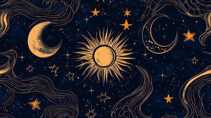 Celestial Themed Seamless Pattern with Sun, Moon, and Stars in Golden Tones on Dark Blue Background