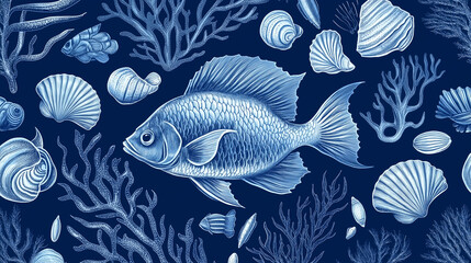 Intricate Nautical Themed Seamless Pattern with Hand-Drawn Fish, Shells, and Coral on Deep Blue Background