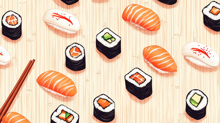Seamless Pattern of Sushi Rolls and Nigiri on Bamboo Mat Background