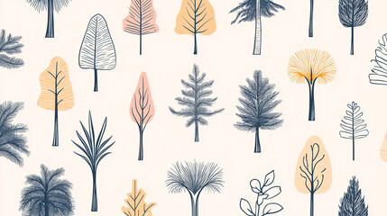 Seamless Pattern of Stylized Trees and Botanical Elements in Soft Pastel Colors on Beige Background