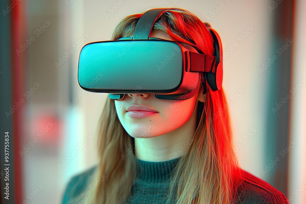 Poster close up of a woman in a minimalistic digital environment wearing a sleek vr headset representing th
