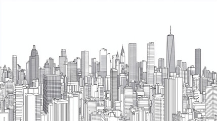 Detailed Black and White Line Art of a Modern City Skyline