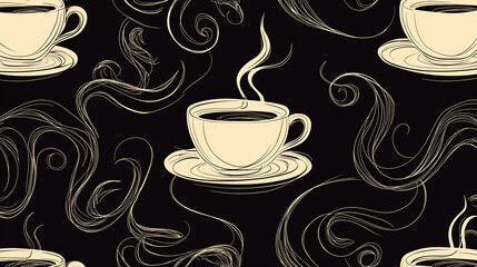 Seamless Coffee Cup Pattern with Elegant Swirls on Dark Background