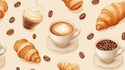 Coffee and Croissant Seamless Pattern with Cappuccino, Cupcakes, and Coffee Beans