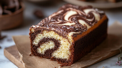 Delicious marbled chocolate and vanilla loaf cake displayed on a rustic kitchen countertop in soft lighting