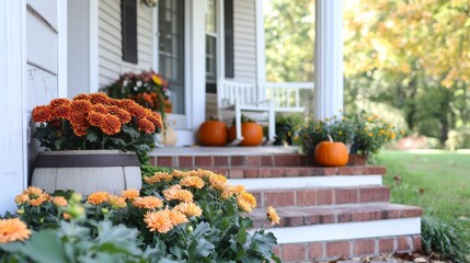 Cozy fall porch steps with orange mums, pumpkins, and flowers. Festive and welcoming, perfect for autumn months. Adds charm and warmth to home