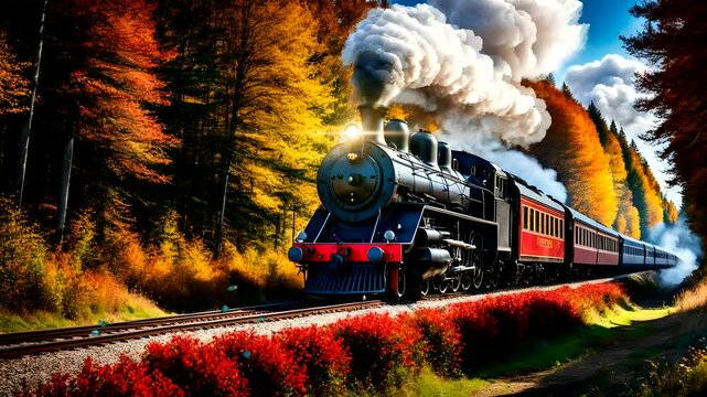 A classic steam train chugs through a colorful autumn forest, leaving a trail of smoke. Seamless looping time-lapse video background