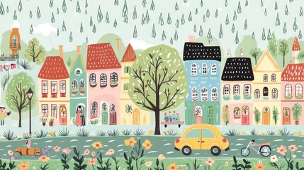 A colorful street scene with houses, cars, and a girl holding an umbrella