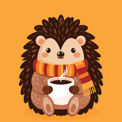 cute little hedgehog in autumn scarf with coffee mug flat design © Marina