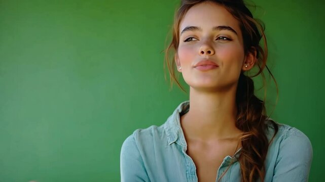 Enchanting video portrait of a smiling young woman with long wavy hair and subtle makeup. Green screen backdrop for diverse video content creation and marketing purposes