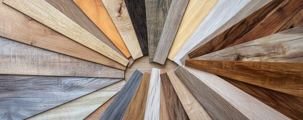 Variety of wood flooring samples are fanned out, showcasing the diverse range of colors and textures available for interior design projects