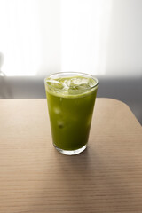 A glass of iced matcha green tea.