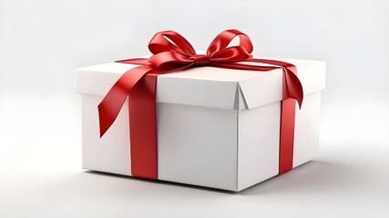Obraz premium Isolated on a white background with shadow 3D rendering, a white present box or gift box with a red ribbon bow and blank tag