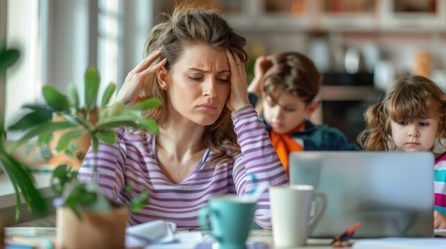 The stressed mother with children