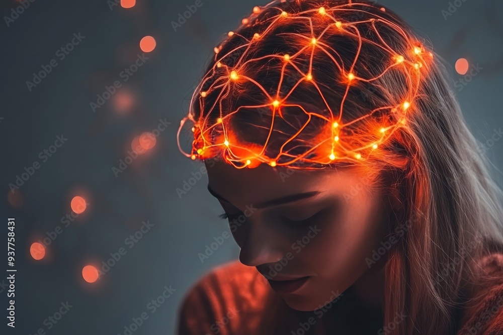 Poster abstract portrait of a young woman with glowing orange neural network displayed on her brain symboli
