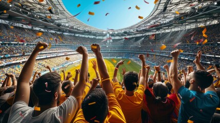 A sea of passionate fans in bright colors raises their arms in celebration, cheering energetically for their team as the game intensifies under a clear blue sky