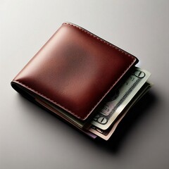 "A compact wallet made of leather, lying closed on a plain gray background, with a few bills peeking out from the top."