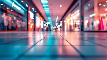 Blurred shopping mall interior with shiny floor, lights, and reflections. Modern urban design symbolizes consumerism. Perfect for conveying modern lifestyle and business vibes at night