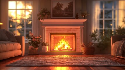 Fototapeta premium Cozy Fireplace Ambiance with Warm Fire on Pastel Background