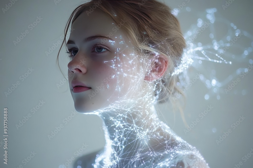 Poster digital illustration of a womans profile with ethereal blue neural networks wrapping around her form