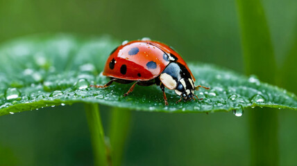 Obraz premium Close-up of a ladybug on a dewy leaf in a lush green background