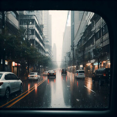 view from a car window to an evening city street during the rain with lights from lanterns and glare