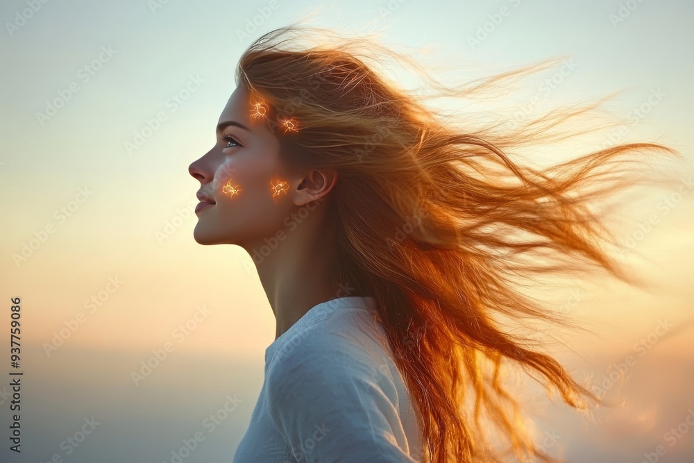 Poster profile of a woman with flowing hair illuminated by neural network patterns symbolizing the power of