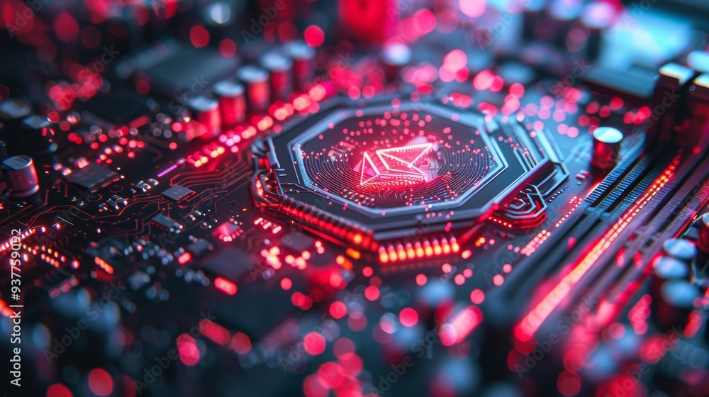 Poster close-up of a glowing red circuit board with a central processor. abstract technology concept.
