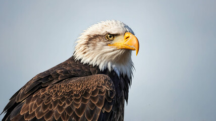 Obraz premium Close-up of a bald eagle with sharp eyes and detailed feathers against a clear sky