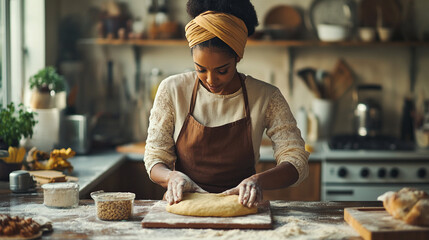 Baking homemade dough in a cozy kitchen with natural light and wooden decor during late afternoon