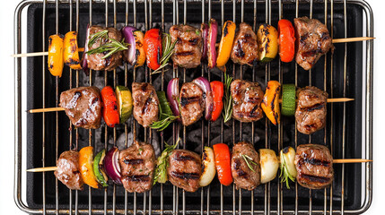 Delicious skewers of grilled meat and vegetables on a barbecue grill during a summer cookout with friends