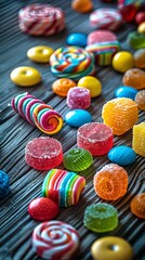 Fototapeta premium Assorted candies on gray wooden backdrop with soft focus